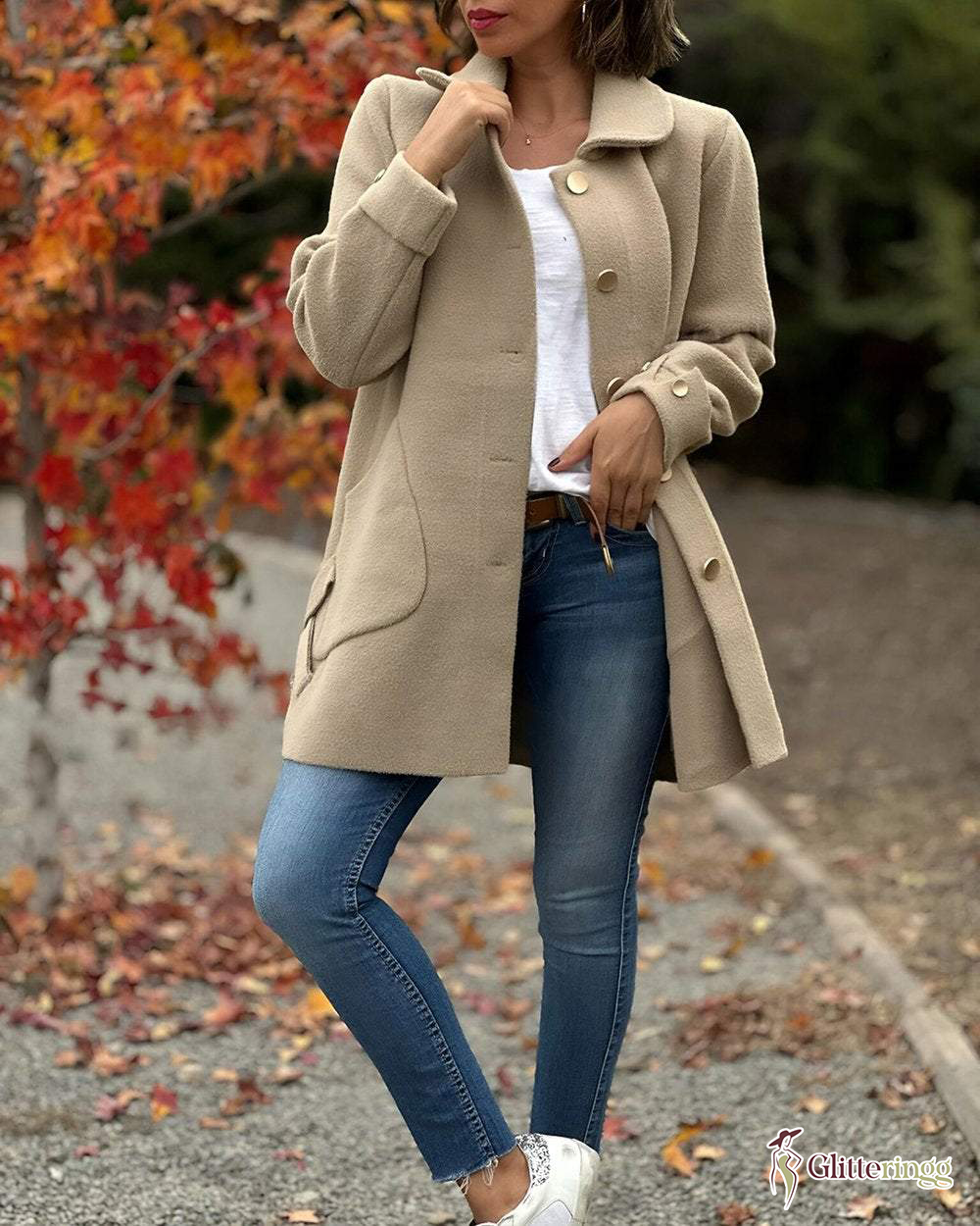 Women‘s Button Lapel Folded Cuffs Long Jacket