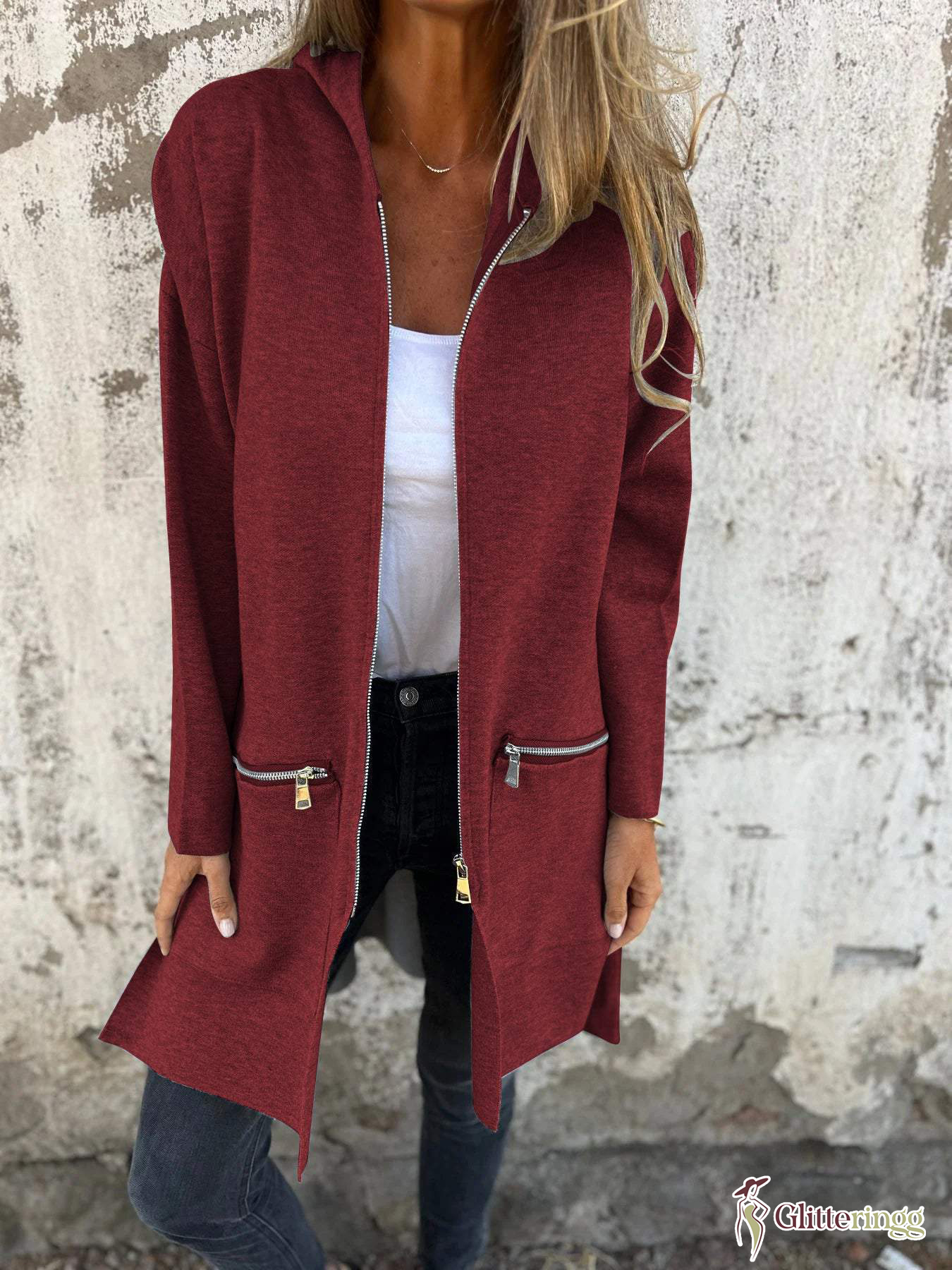 Women‘s Round Neck Zipper Long Sleeve Casual Jacket