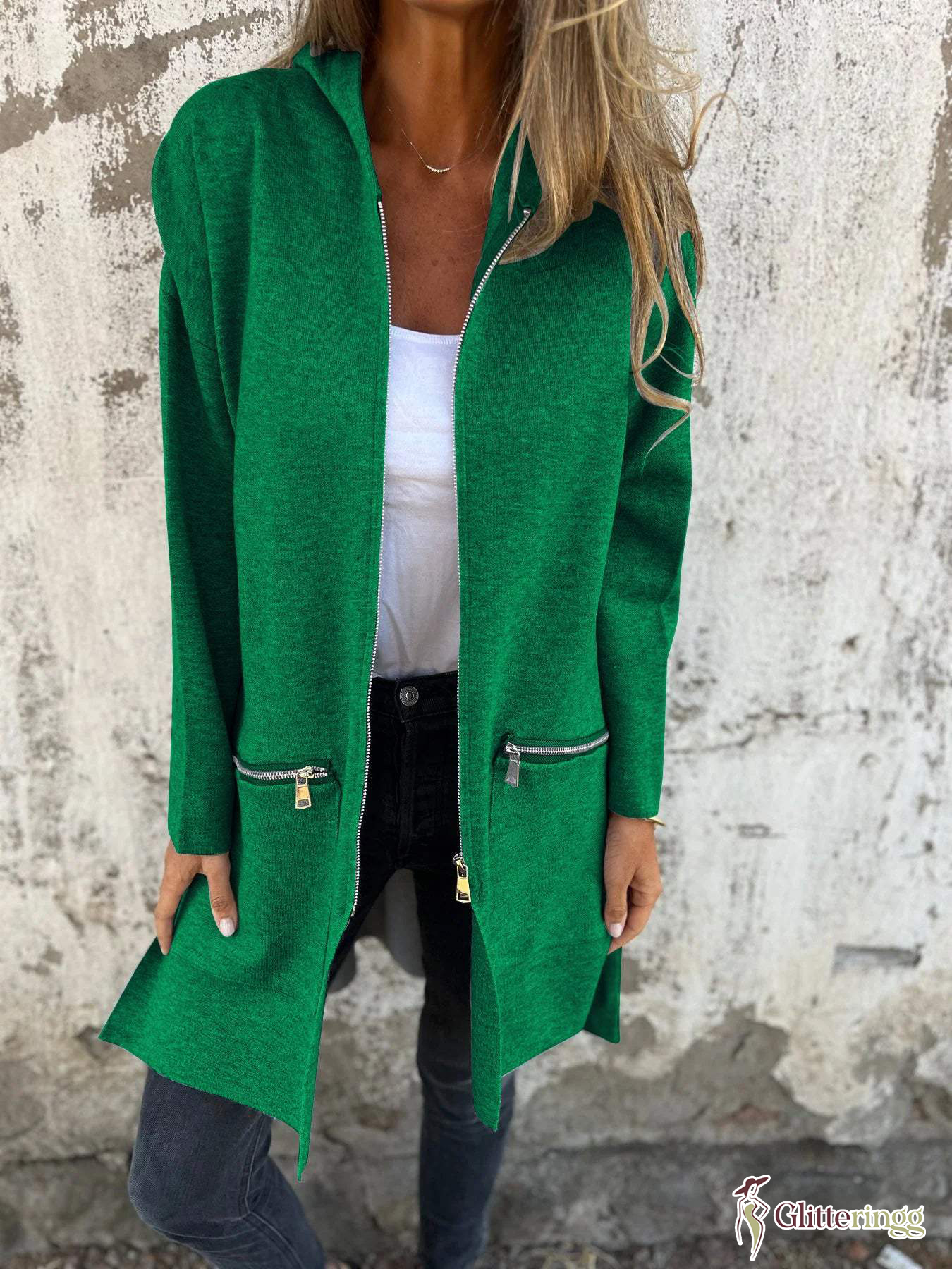 Women‘s Round Neck Zipper Long Sleeve Casual Jacket