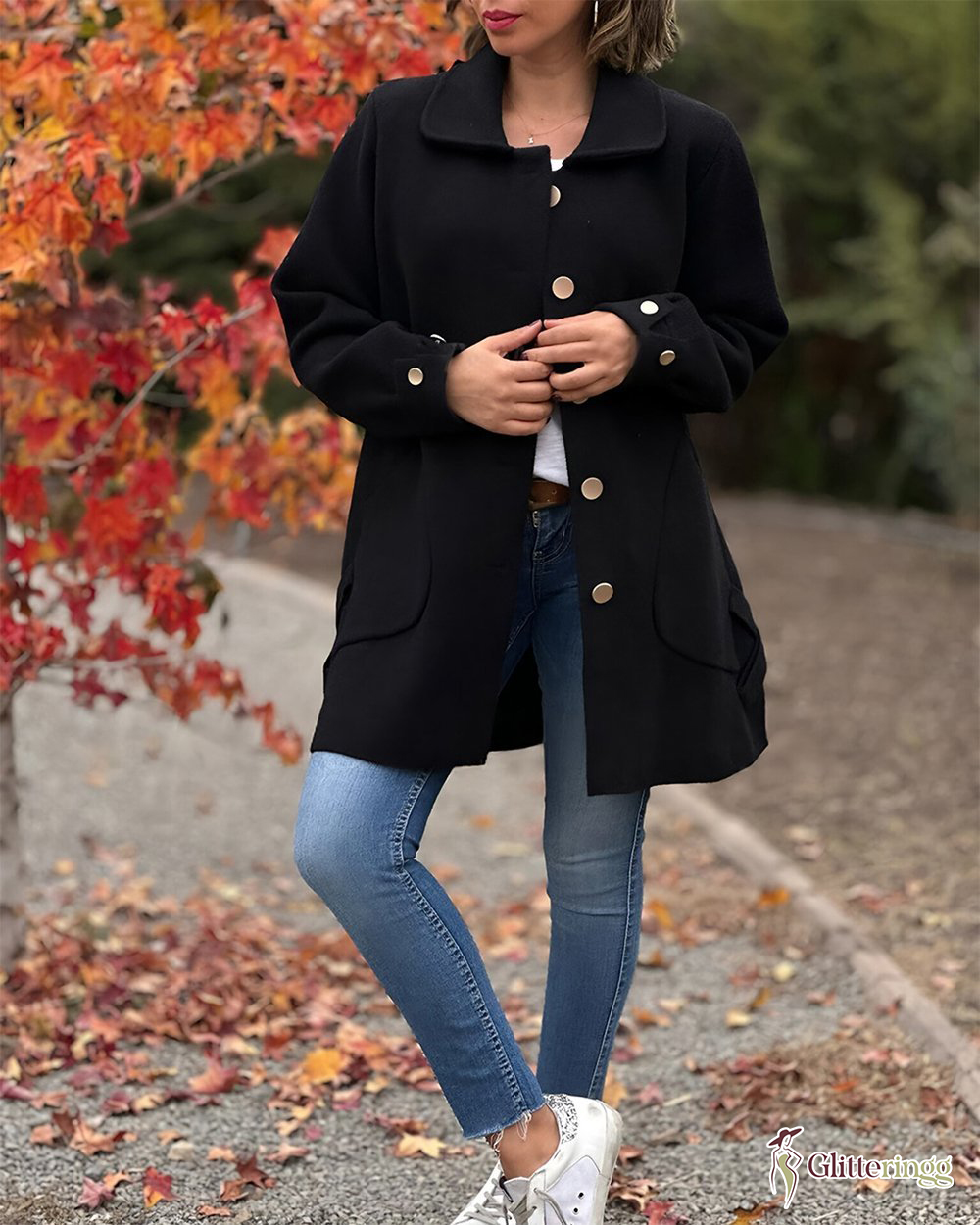 Women‘s Button Lapel Folded Cuffs Long Jacket