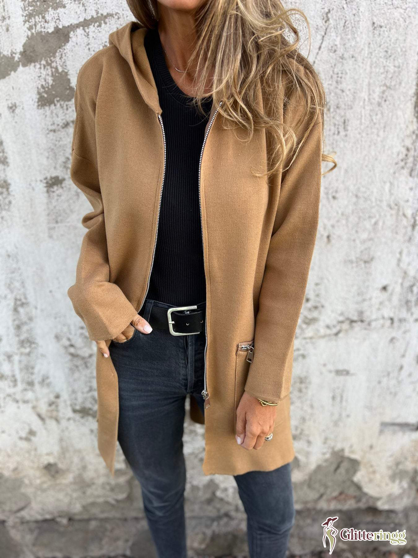 Women‘s Round Neck Zipper Long Sleeve Casual Jacket