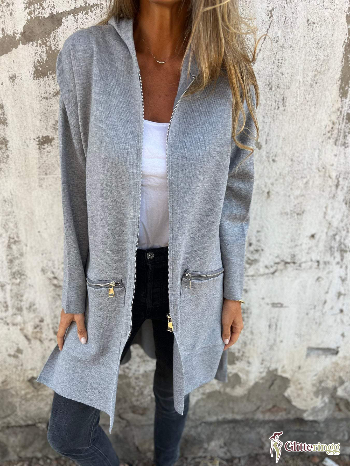 Women‘s Round Neck Zipper Long Sleeve Casual Jacket