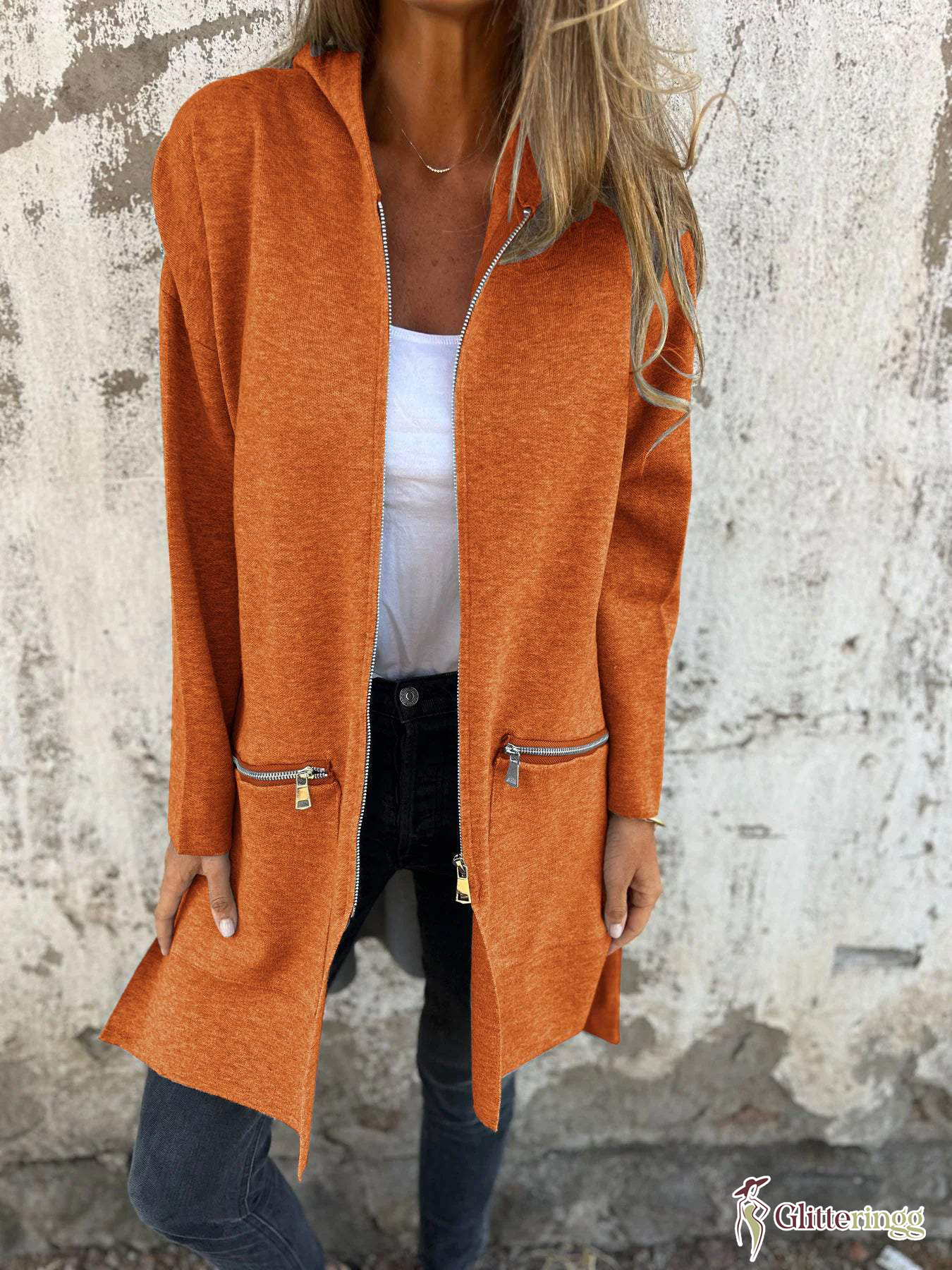 Women‘s Round Neck Zipper Long Sleeve Casual Jacket