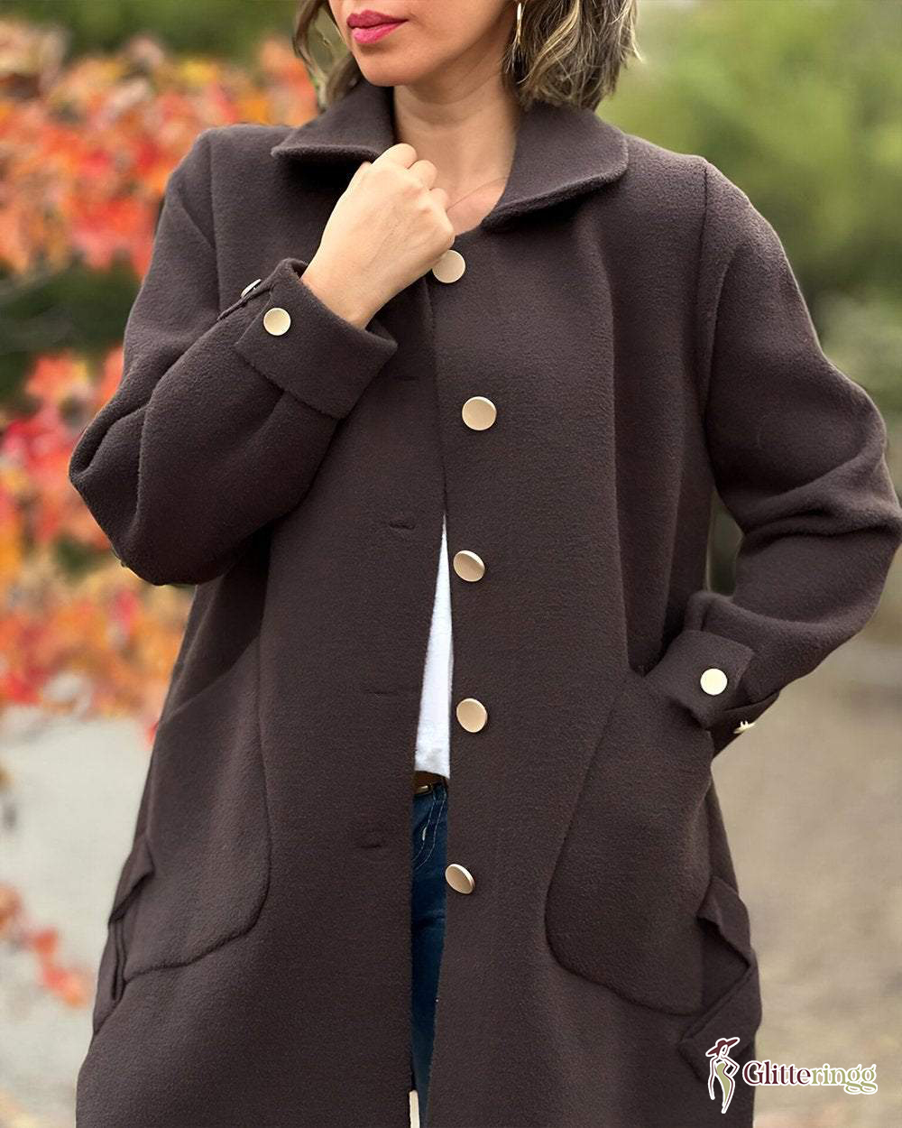 Women‘s Button Lapel Folded Cuffs Long Jacket