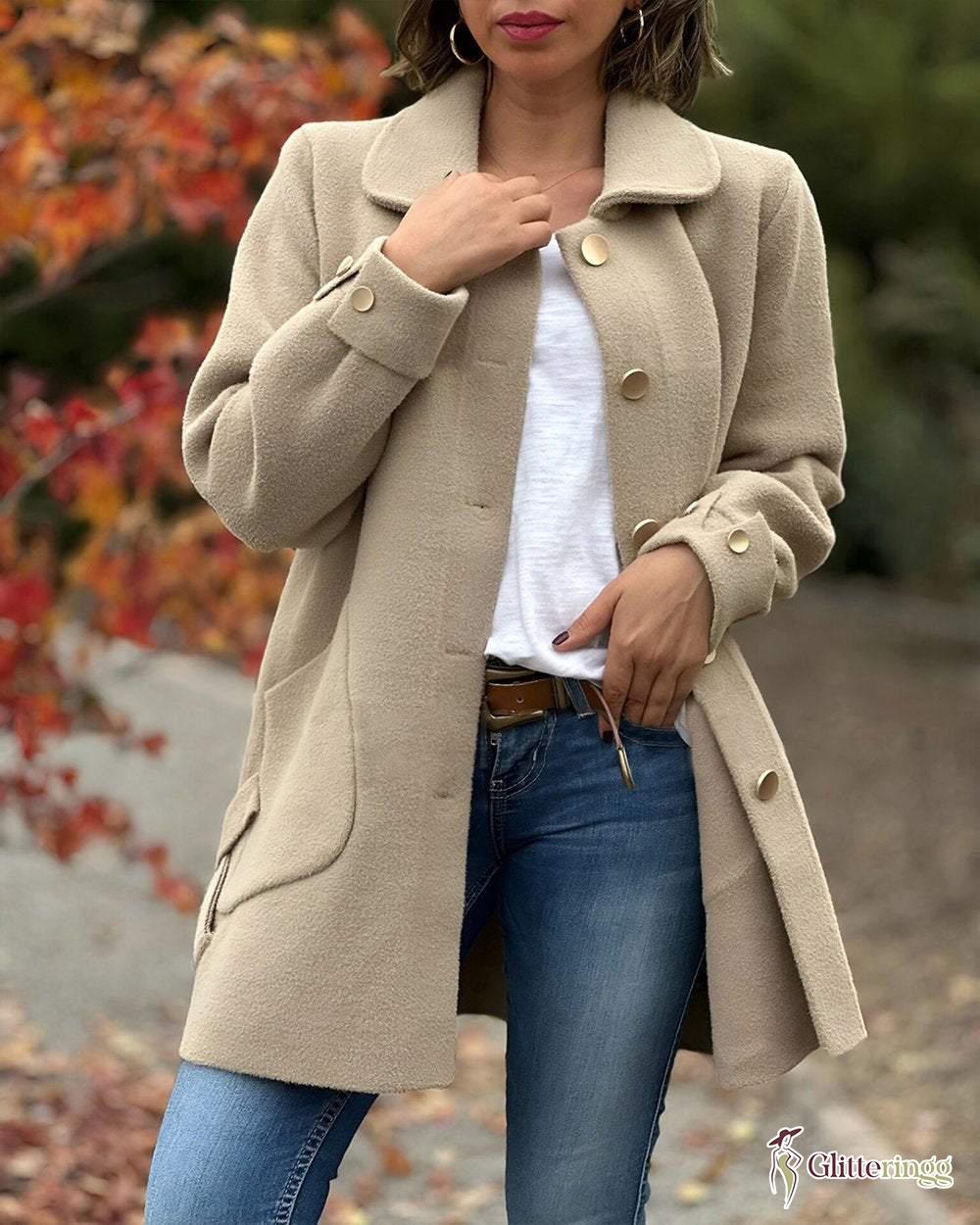 Women‘s Button Lapel Folded Cuffs Long Jacket