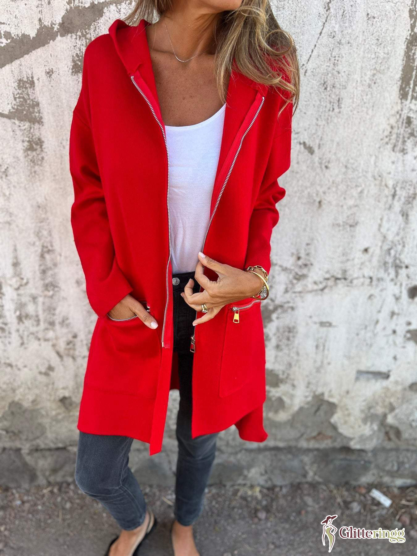 Women‘s Round Neck Zipper Long Sleeve Casual Jacket