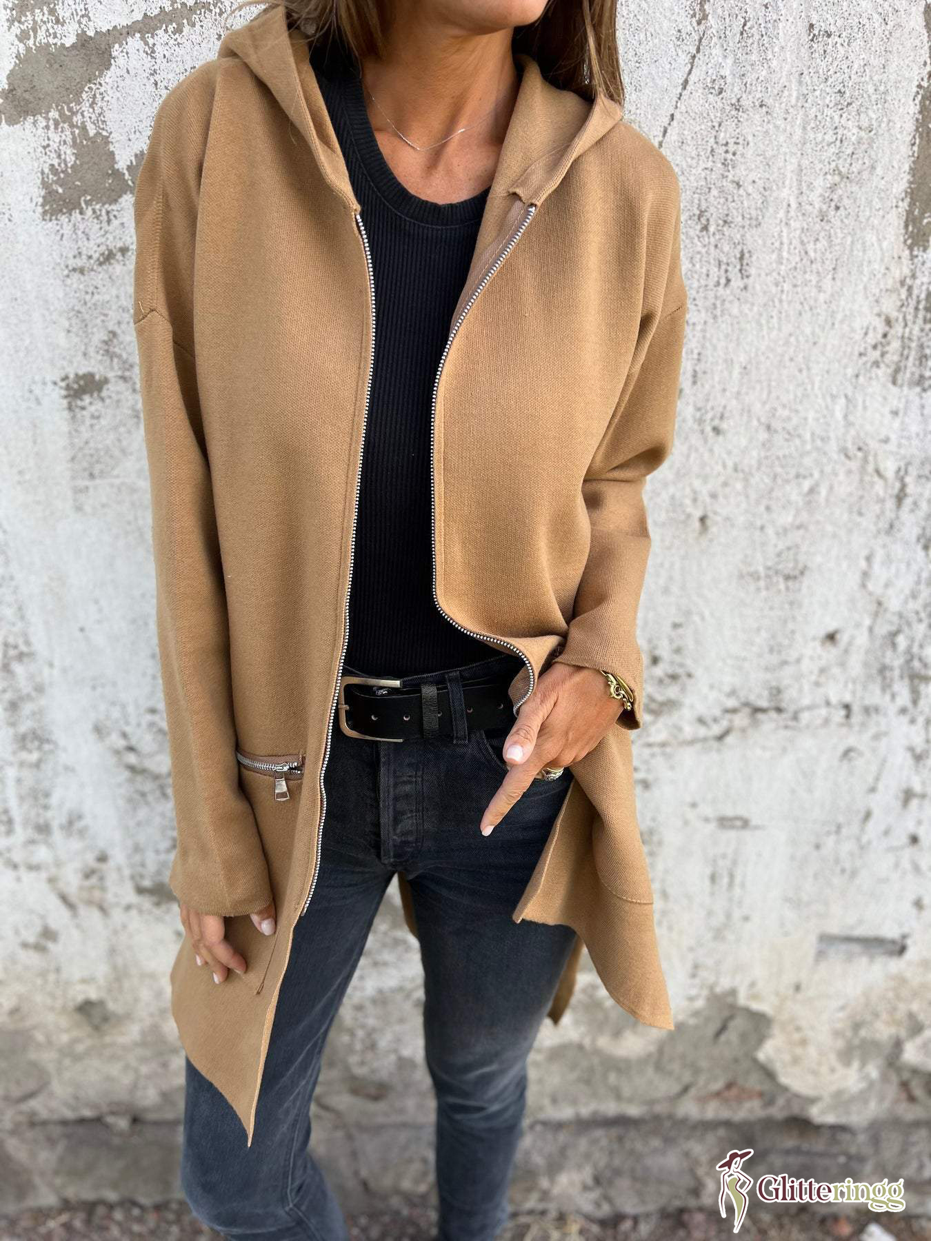 Women‘s Round Neck Zipper Long Sleeve Casual Jacket