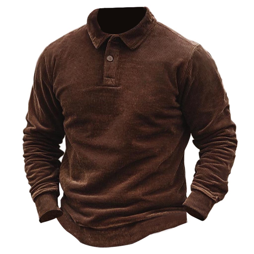Hanorac cu mânecă lungă pentru bărbați, din velur, cu guler polo vintage
