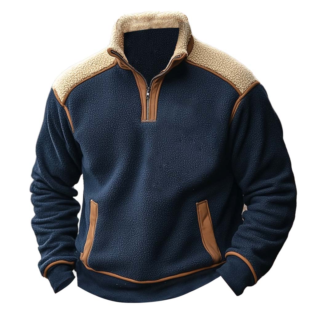 Hanorac vintage pentru bărbați, din fleece, cu guler ridicat, cu fermoar un sfert