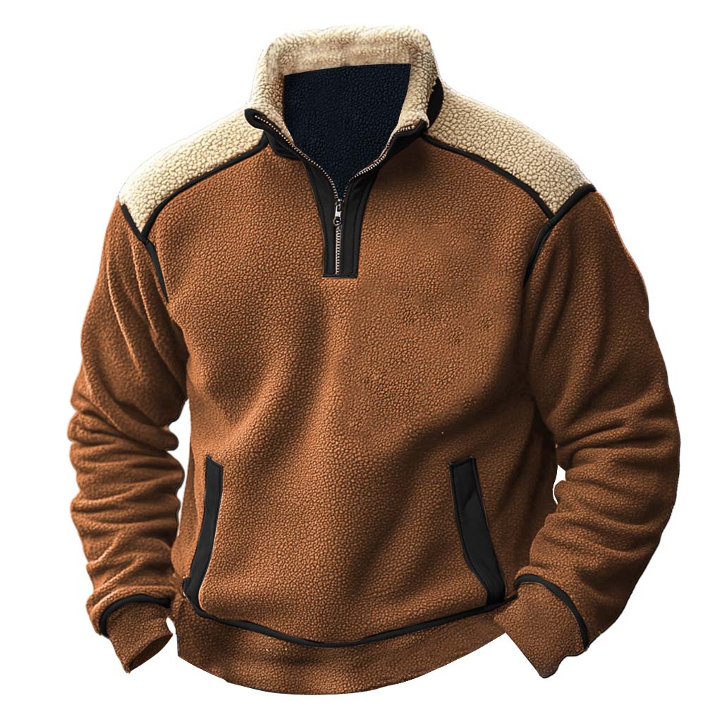 Hanorac vintage pentru bărbați, din fleece, cu guler ridicat, cu fermoar un sfert 