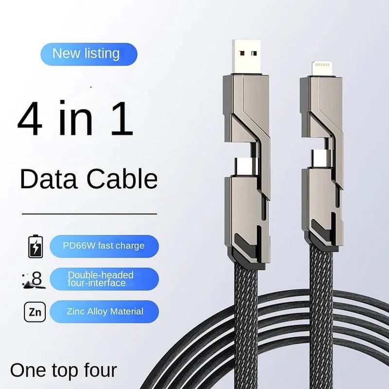 4-in-1 USB C Cable Lightning Cable 100W [Fast Charging & Data Sync] Flat Braided Multi iPad Charger Cord Combo Lightning/Type C/USB A Ports for iPhone 15/15 Pro/15 Plus/15 Pro Max, 2M