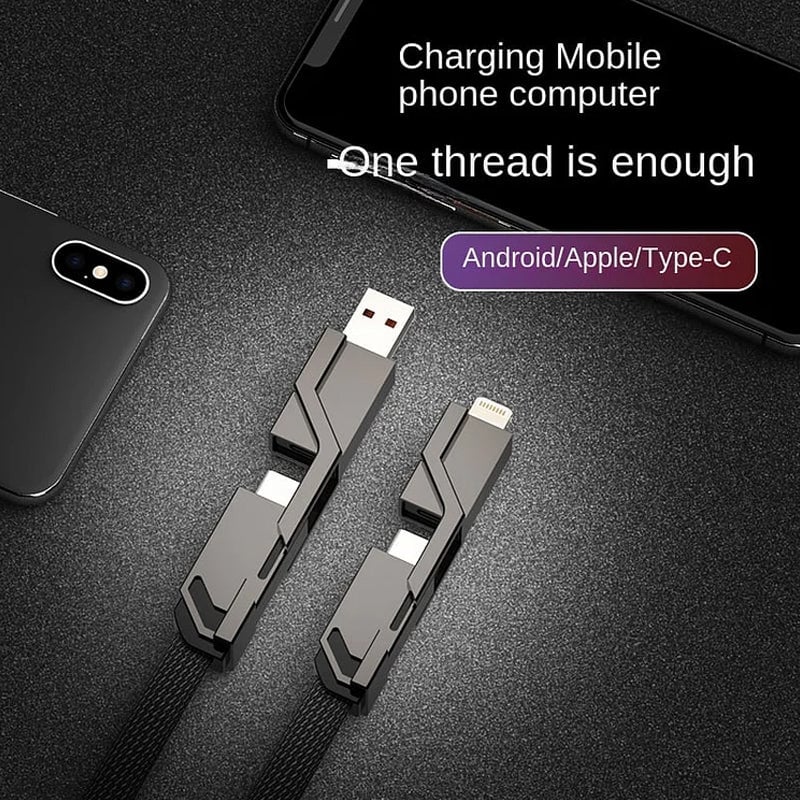 4-in-1 USB C Cable Lightning Cable 100W [Fast Charging & Data Sync] Flat Braided Multi iPad Charger Cord Combo Lightning/Type C/USB A Ports for iPhone 15/15 Pro/15 Plus/15 Pro Max, 2M