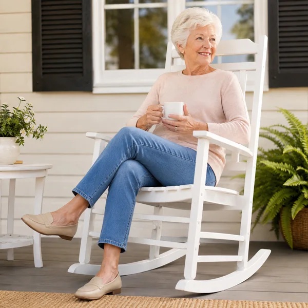 High Back Slat Rocking Chair, Solid Wood Outdoor Rocking Chair