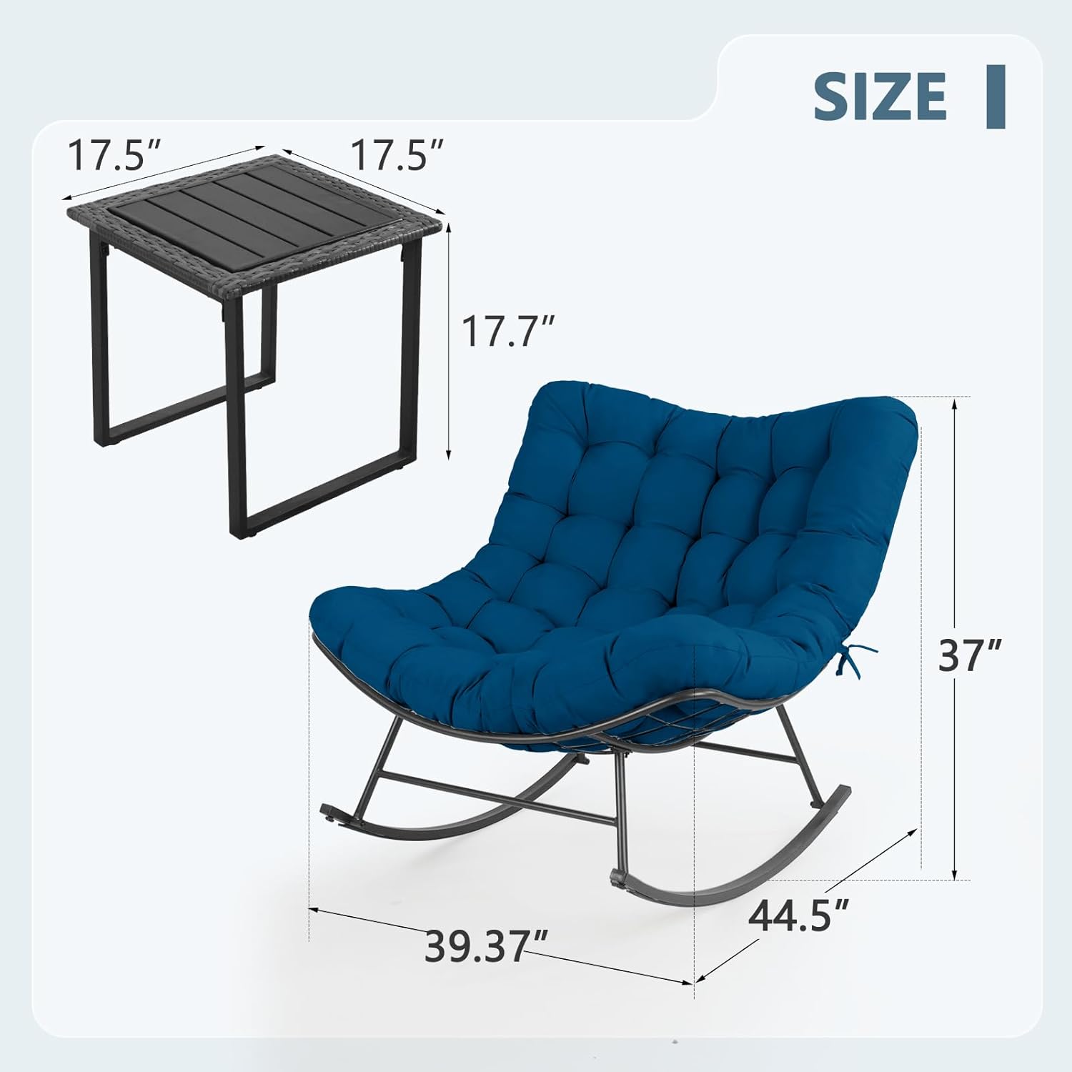 Outdoor Rocking Chairs Set of 2 with Wicker Side Table, Thick Cushioned Papasan Rocking Chairs with End Table