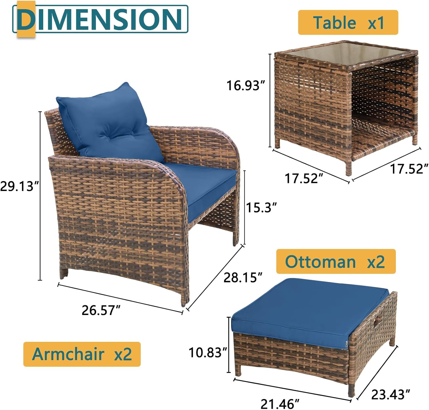 5 Pieces PE Wicker Patio Chairs with Ottomans, Outdoor Balcony Chairs with Ottomans