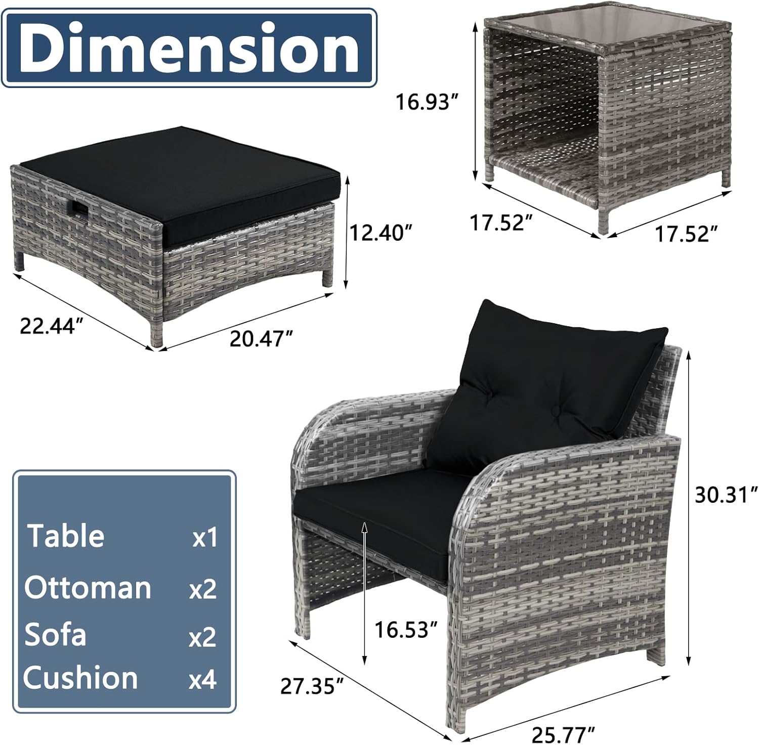 5 Pieces PE Wicker Outdoor Chairs with Ottoman, 5 PCS Rattan Patio Furniture Chairs