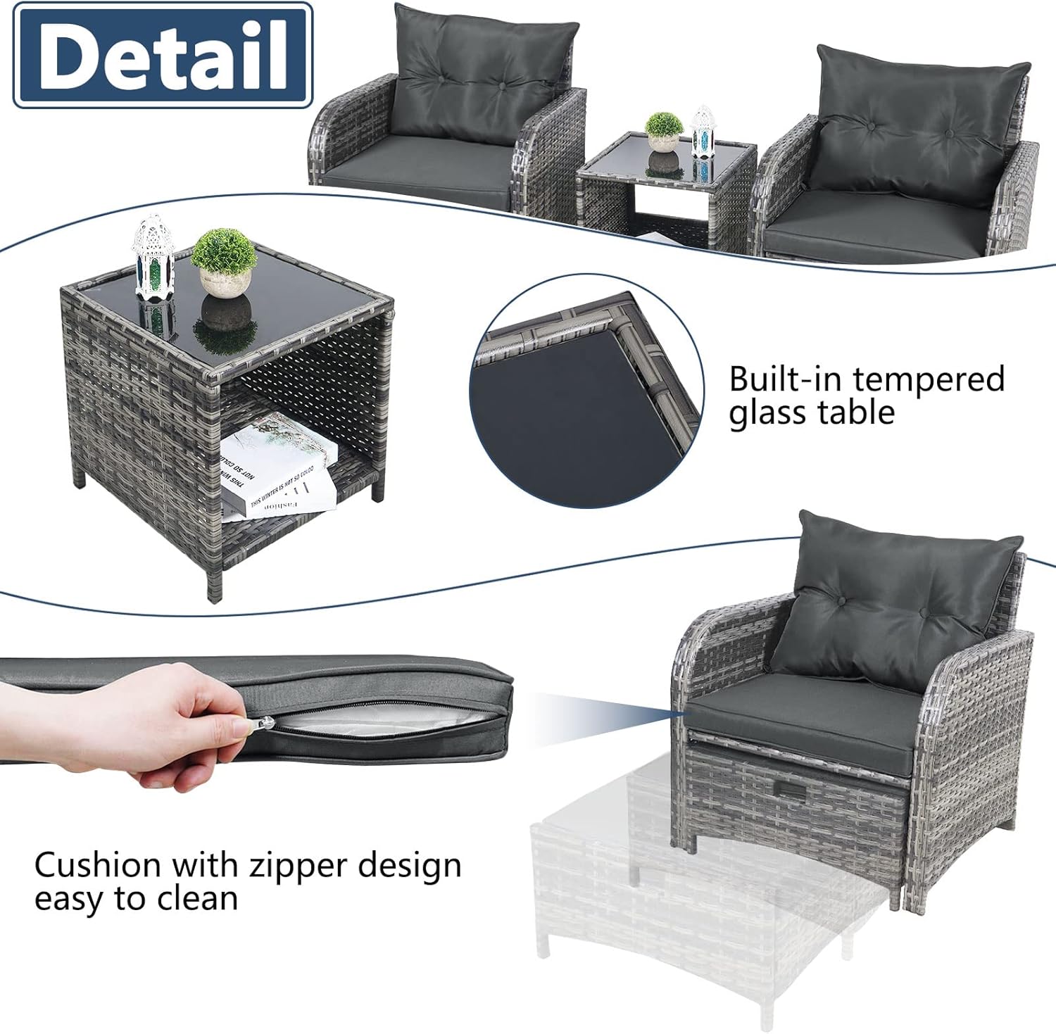 5 Pieces Wicker Outdoor Patio Chairs with Ottomans, All Weather PE Rattan Outdoor Conversation Set