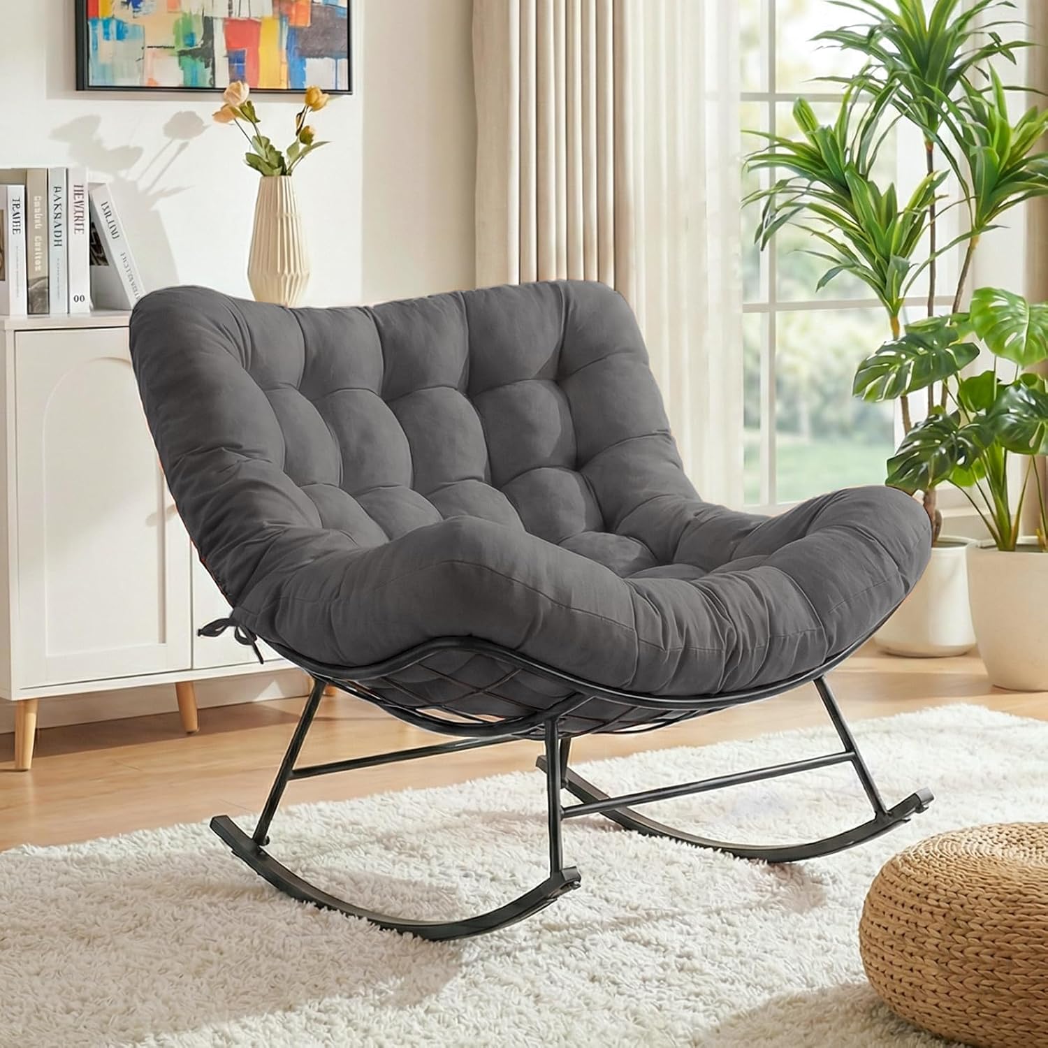 Cushioned Rocking Papasan Chair for Outdoor Indoor, Oversized Outdoor Rocking Chair with Cushion