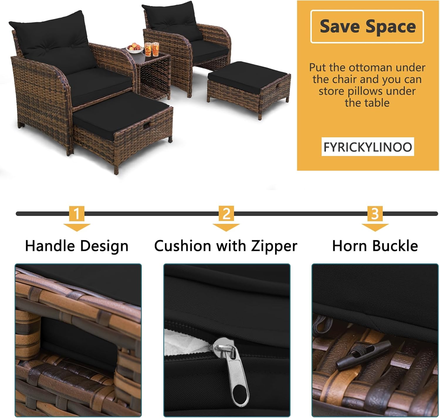 5 Pieces Wicker Outdoor Patio Chairs Set with Ottoman Patio Conversation Furniture Set