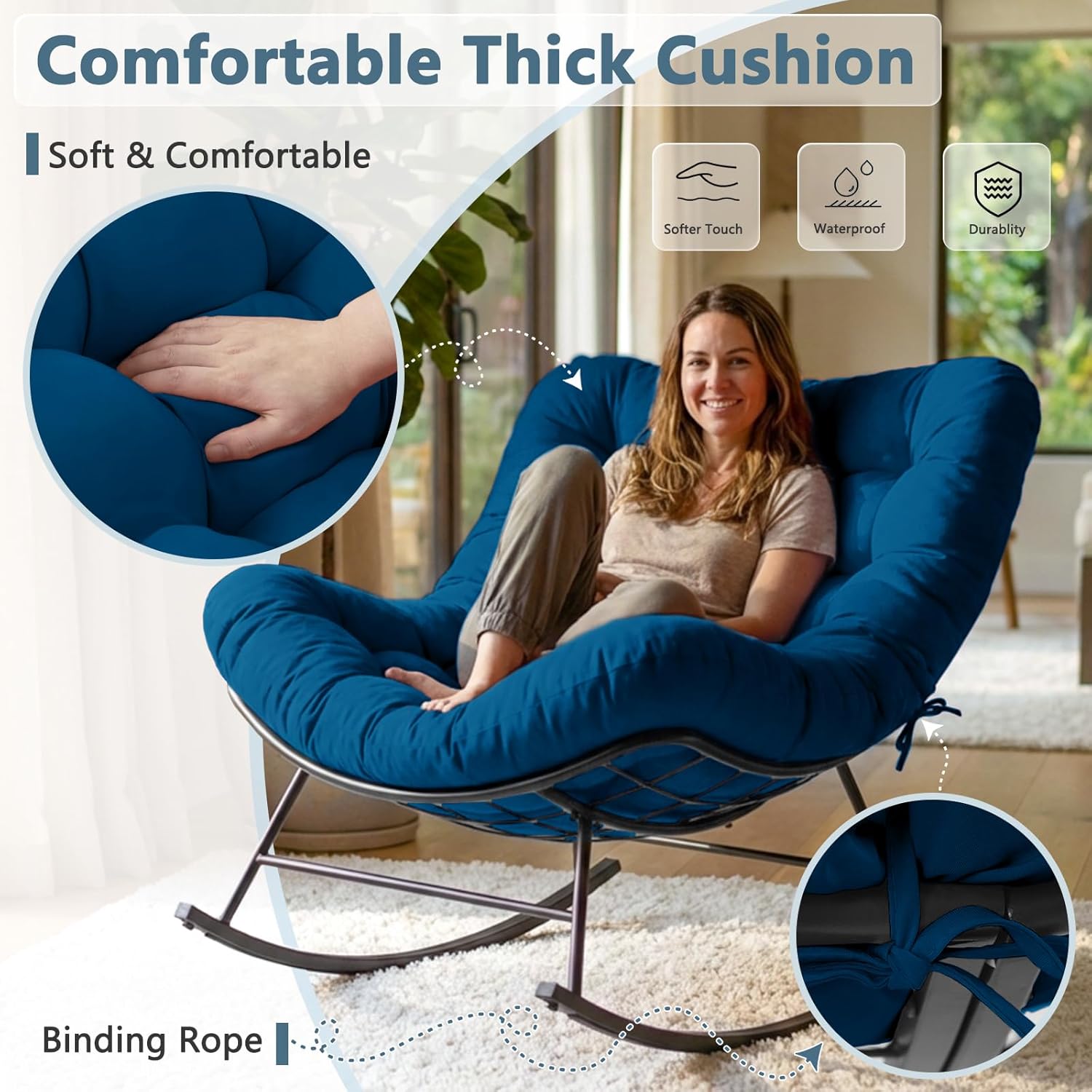 Cushioned Papasan Rocking Chair for Outdoor Indoor, Oversized Outdoor Rocking Chair with Cushion