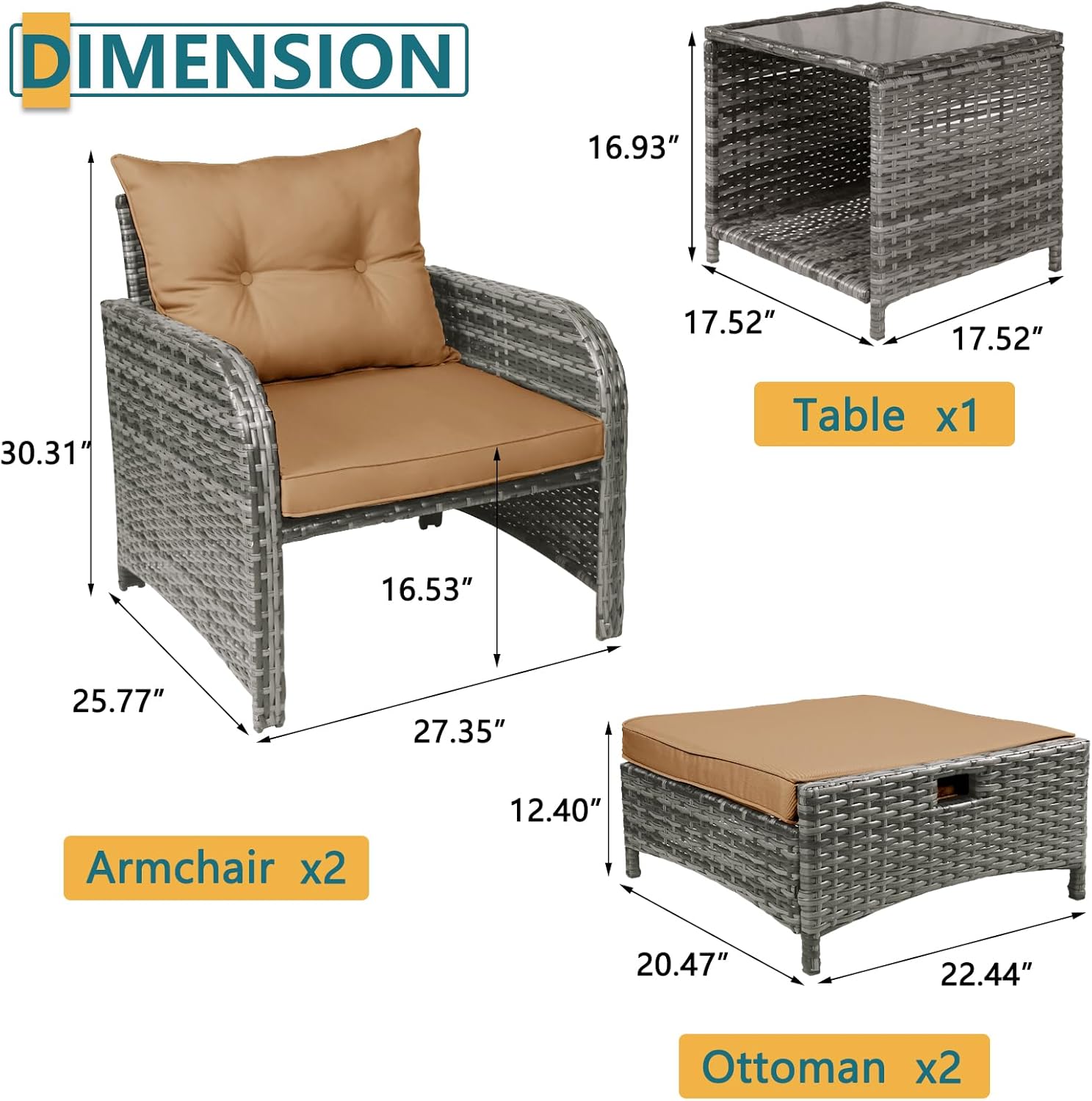 5 Pieces PE Wicker Outdoor Chairs with Ottomans, 5 PCS Rattan Patio Furniture Set with Ottoman