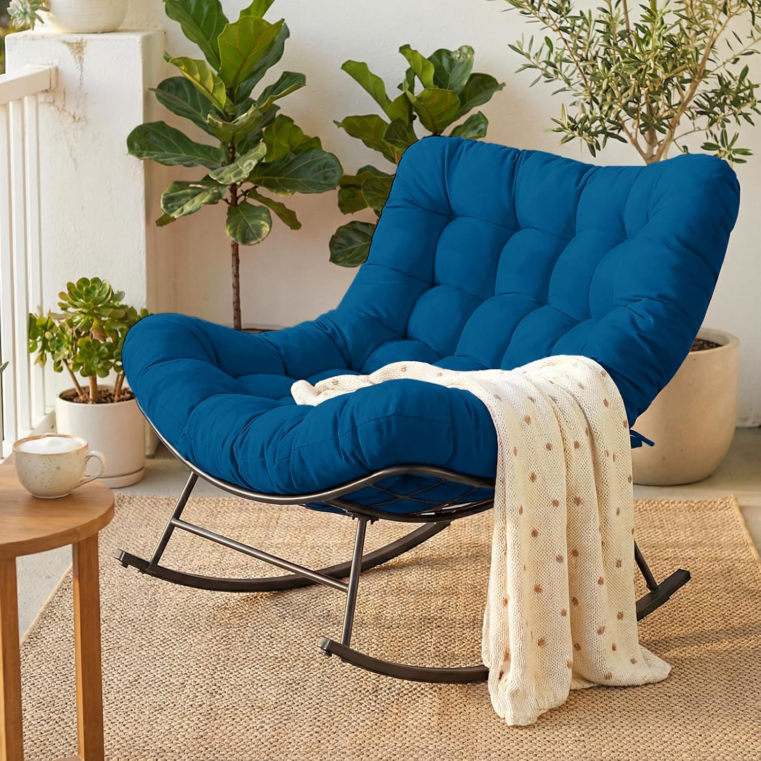 Cushioned Papasan Rocking Chair for Outdoor Indoor, Oversized Outdoor Rocking Chair with Cushion