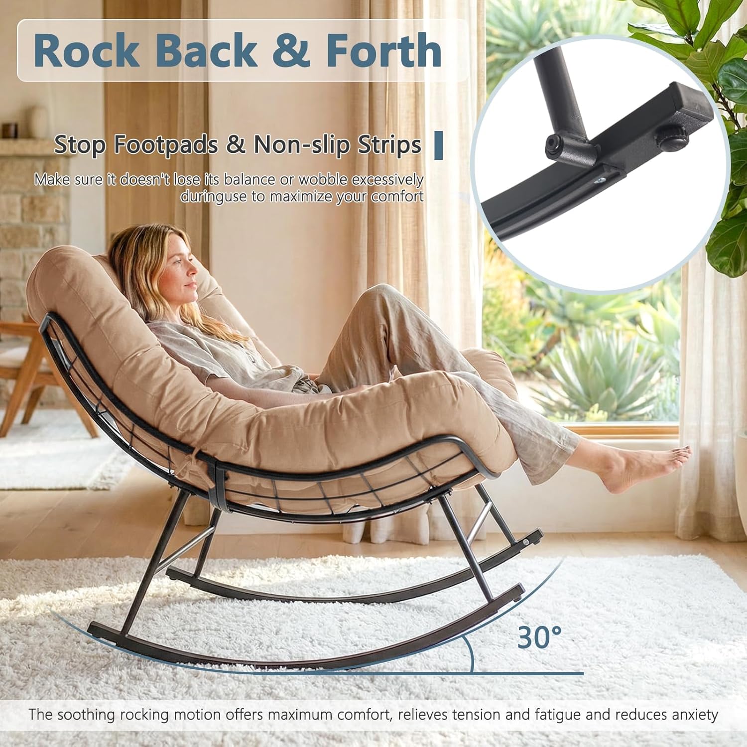 Cushioned Papasan Rocking Chair for Outdoor Indoor, Oversized Outdoor Rocking Chair with Cushion