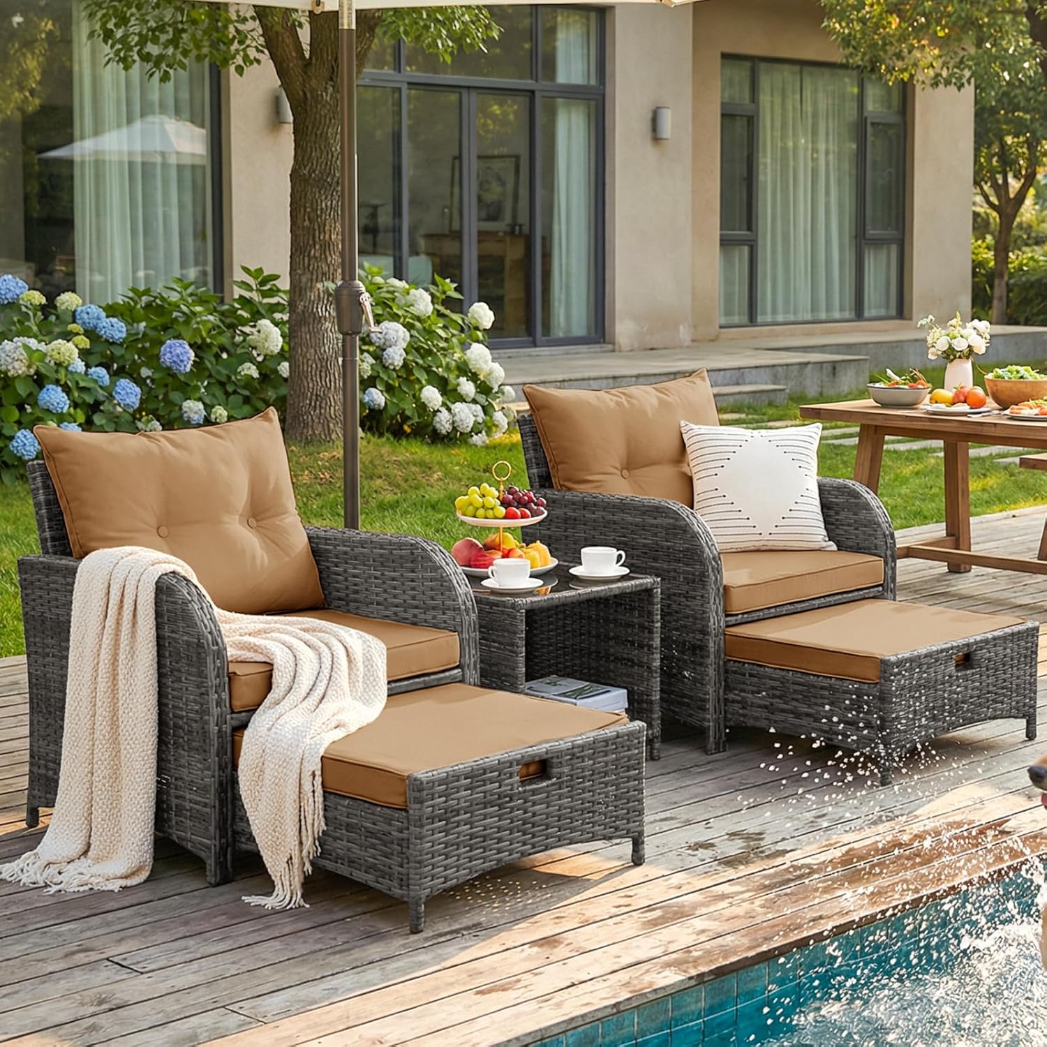 5 Pieces PE Wicker Outdoor Chairs with Ottomans, 5 PCS Rattan Patio Furniture Set with Ottoman