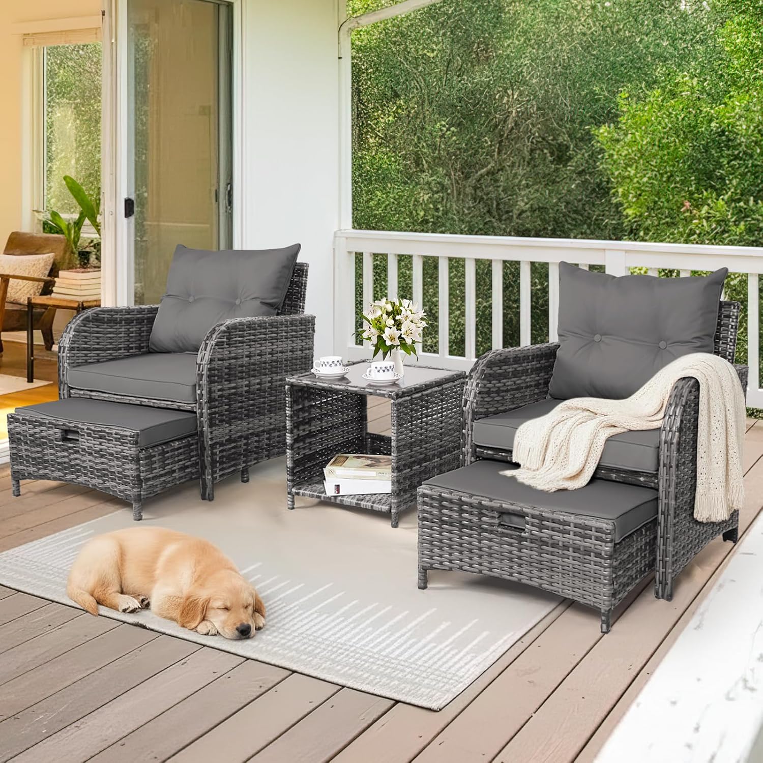 5 Pieces Wicker Outdoor Patio Chairs with Ottomans, All Weather PE Rattan Outdoor Conversation Set