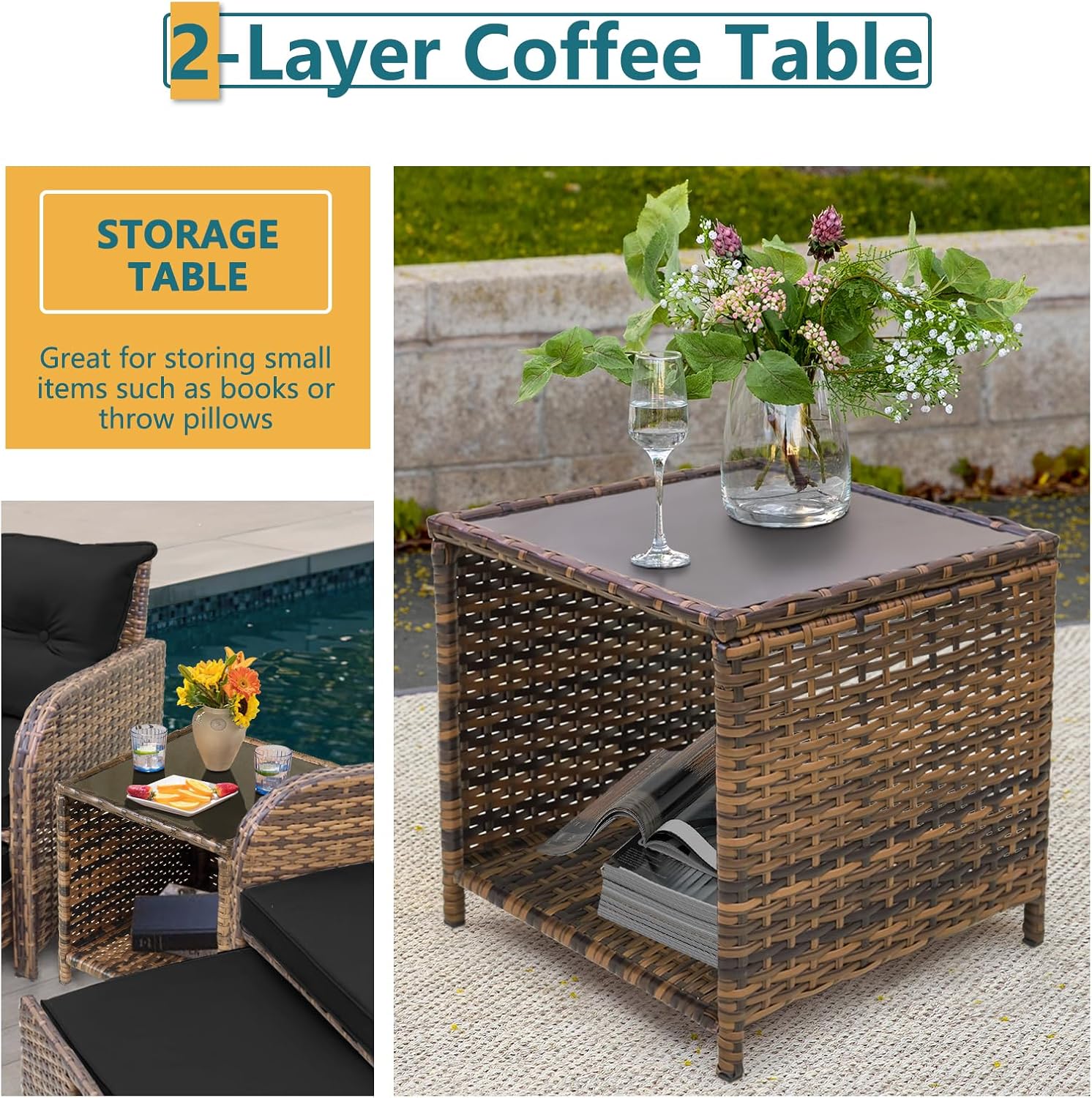 5 Pieces Wicker Outdoor Patio Chairs Set with Ottoman Patio Conversation Furniture Set