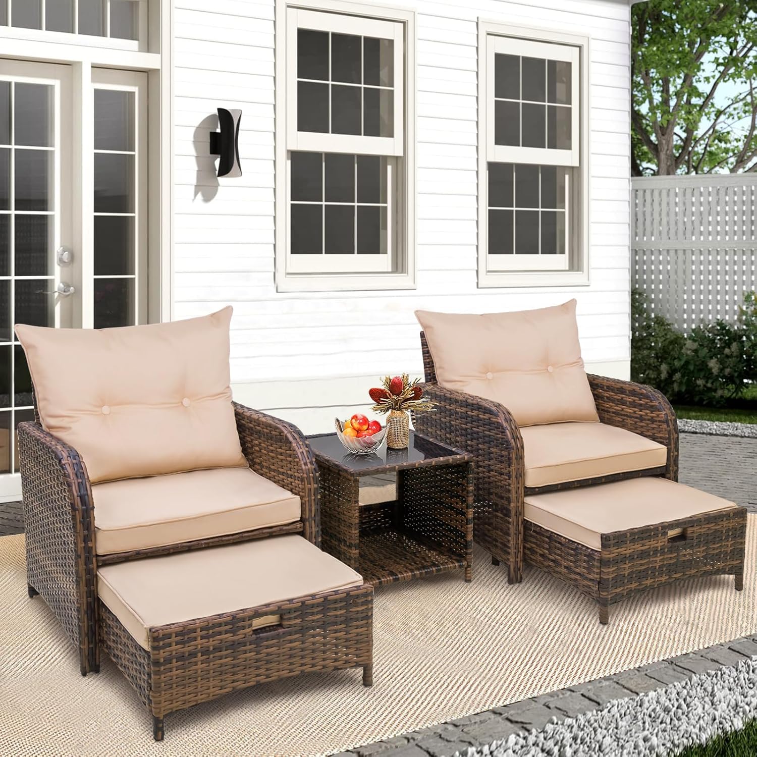 5 Pieces Patio Chairs Set with Ottomans, All Weather PE Rattan