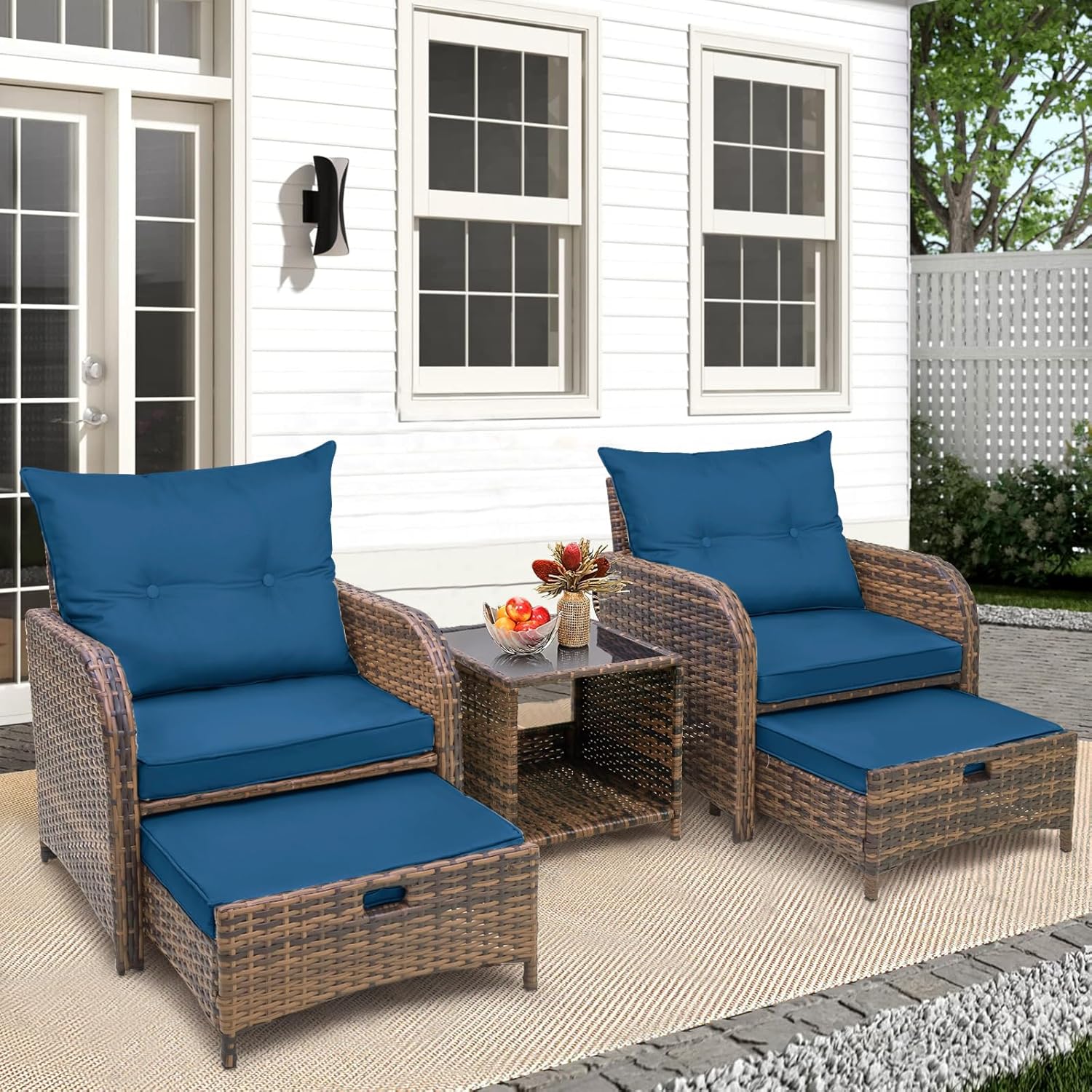 5 Pieces PE Wicker Patio Chairs with Ottomans, Outdoor Balcony Chairs with Ottomans