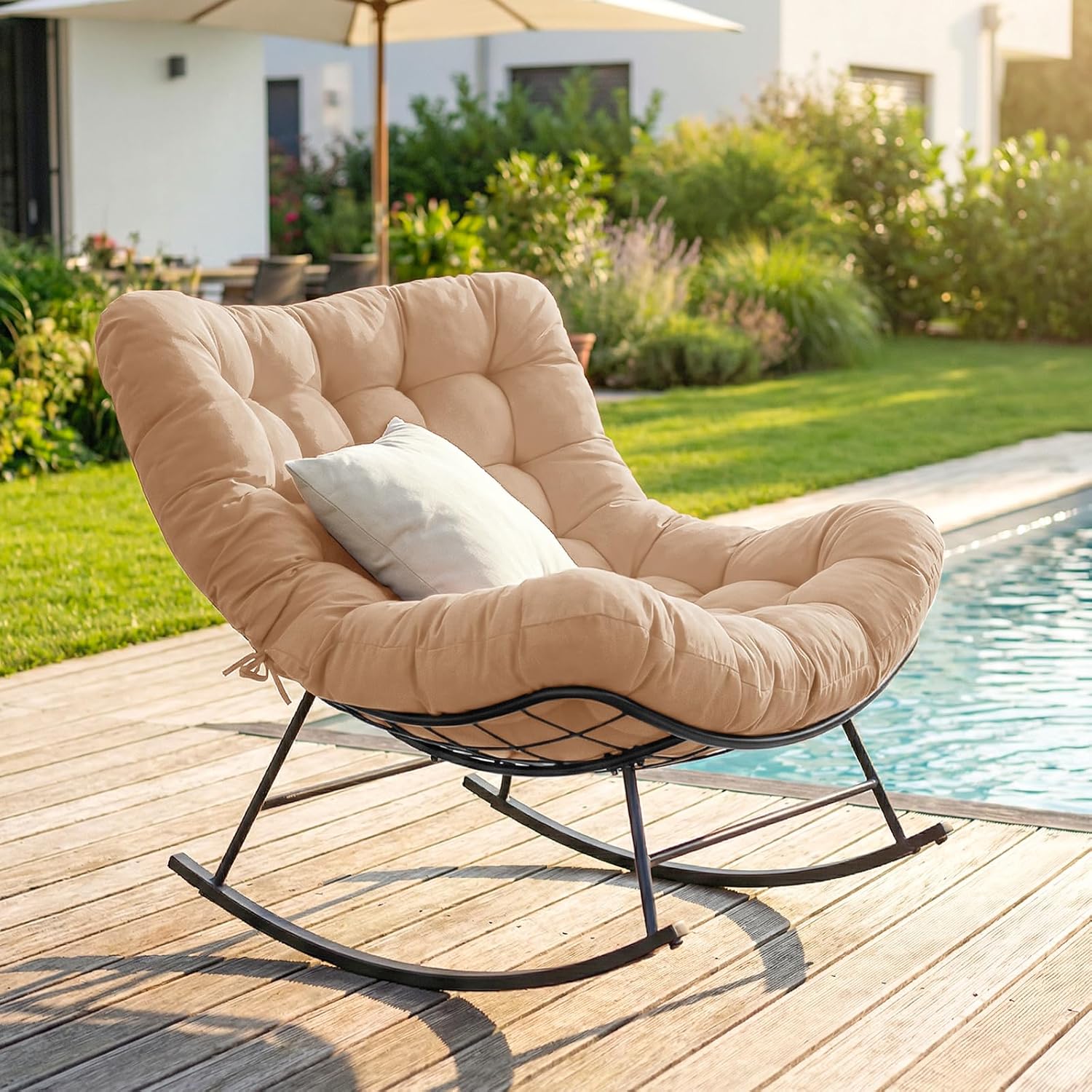 Cushioned Papasan Rocking Chair for Outdoor Indoor, Oversized Outdoor Rocking Chair with Cushion