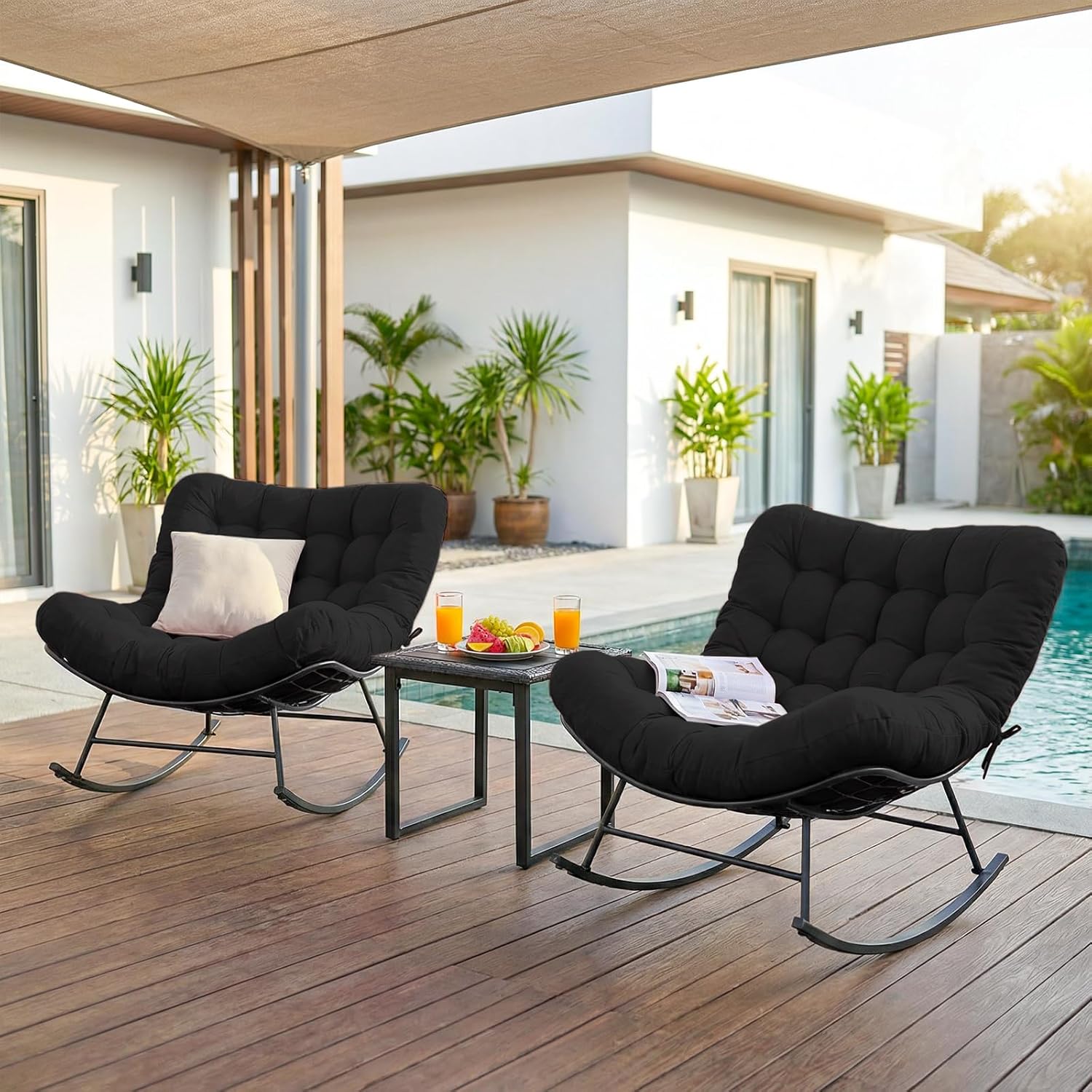 Outdoor Rocking Chairs Set of 2 with Wicker Side Table, Thick Cushioned Papasan Rocking Chairs with End Table