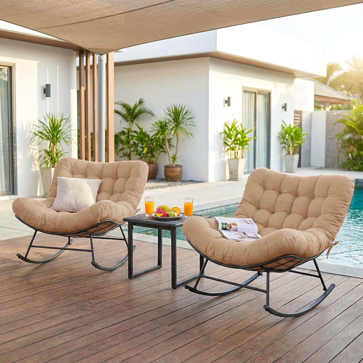 Outdoor Rocking Chairs Set of 2 with Wicker Side Table, Thick Cushioned Papasan Rocking Chairs with End Table