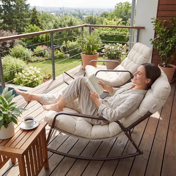 Oversized Outdoor Papasan Rocking Chair Set Of 2 With Footrest, Metal Lounge Rockers With Thick Cushions