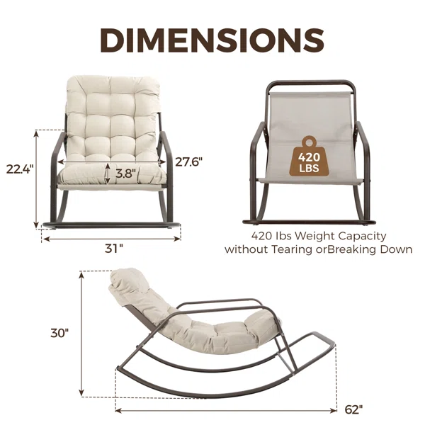 Oversized Outdoor Papasan Rocking Chair Set Of 2 With Footrest, Metal Lounge Rockers With Thick Cushions