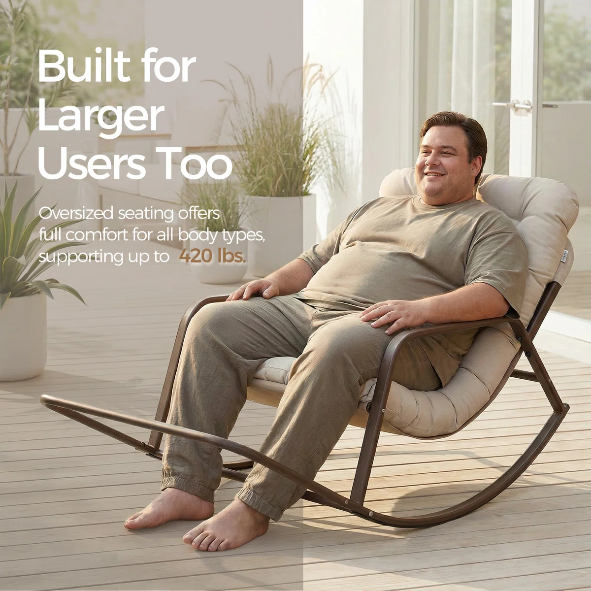 Oversized Outdoor Papasan Rocking Chair Set Of 2 With Footrest, Metal Lounge Rockers With Thick Cushions