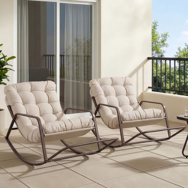Oversized Outdoor Papasan Rocking Chair Set Of 2 With Footrest, Metal Lounge Rockers With Thick Cushions