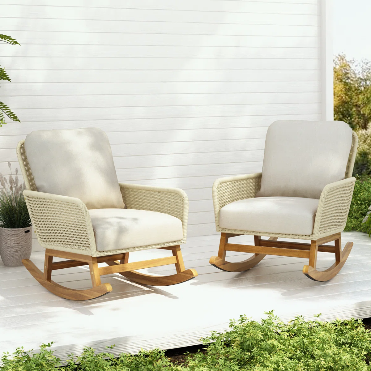 Wicker Rocking Chair with Soft Cushions and Durable Wooden Frame