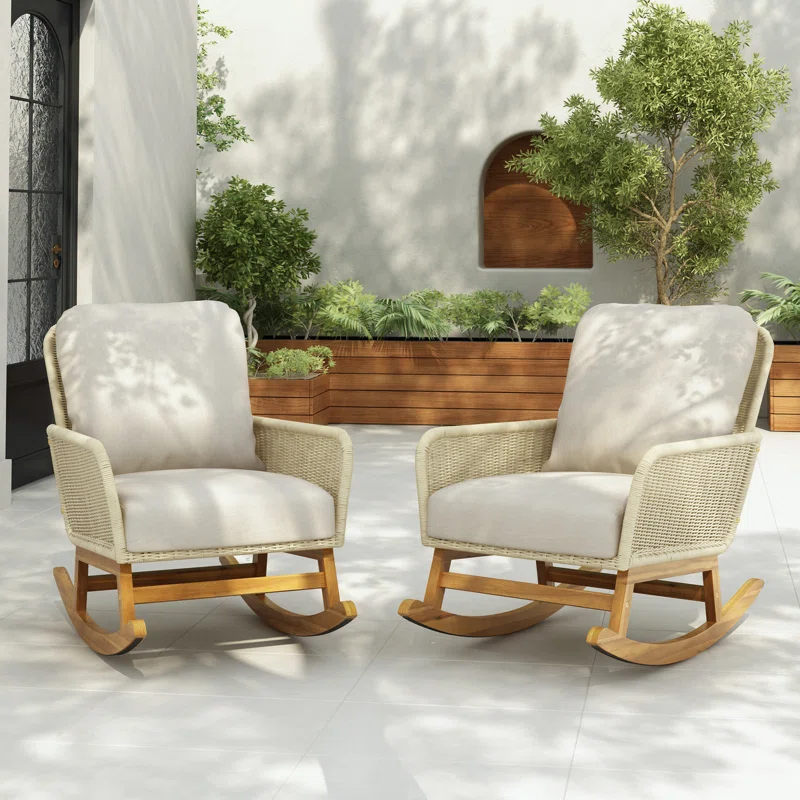 Wicker Rocking Chair with Soft Cushions and Durable Wooden Frame