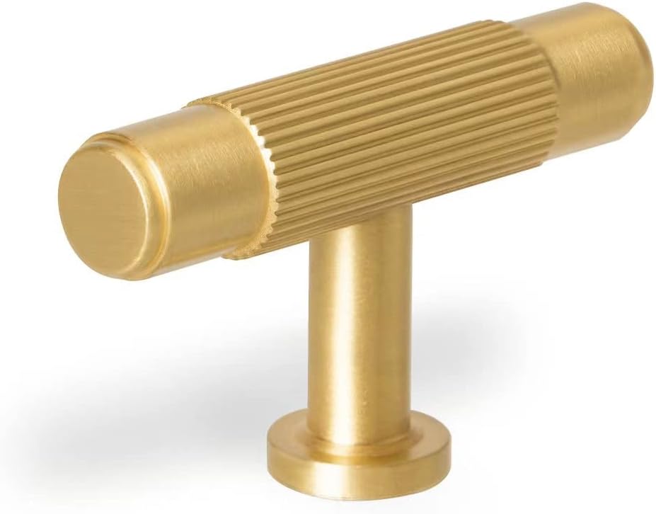 6 Pack Brushed Gold Drawer Knobs, Solid Brass Dresser Kitchen Bathroom Cabinet Pulls, 2.08 Inch T Bar Handles Furniture Hardware for Cupboard Closet