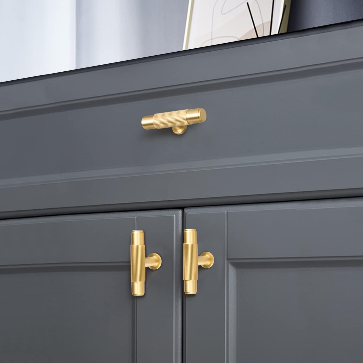 6 Pack Brushed Gold Drawer Knobs, Solid Brass Dresser Kitchen Bathroom Cabinet Pulls, 2.08 Inch T Bar Handles Furniture Hardware for Cupboard Closet