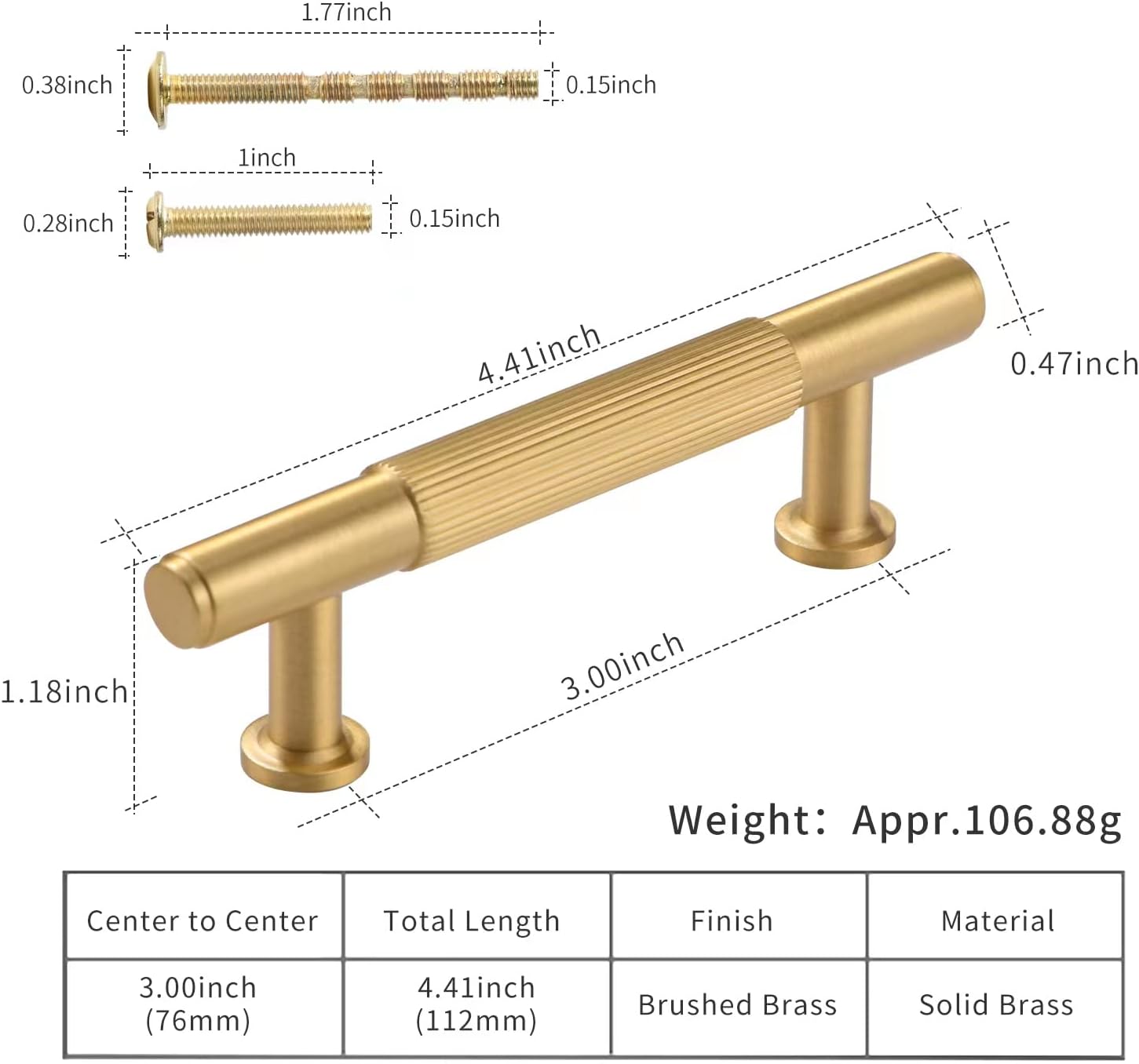 2 Pack Gold Kitchen Cabinet Handles, Brushed Brass Dresser Drawer Pulls, 3 Inches Furniture Door Handles for Cupboard