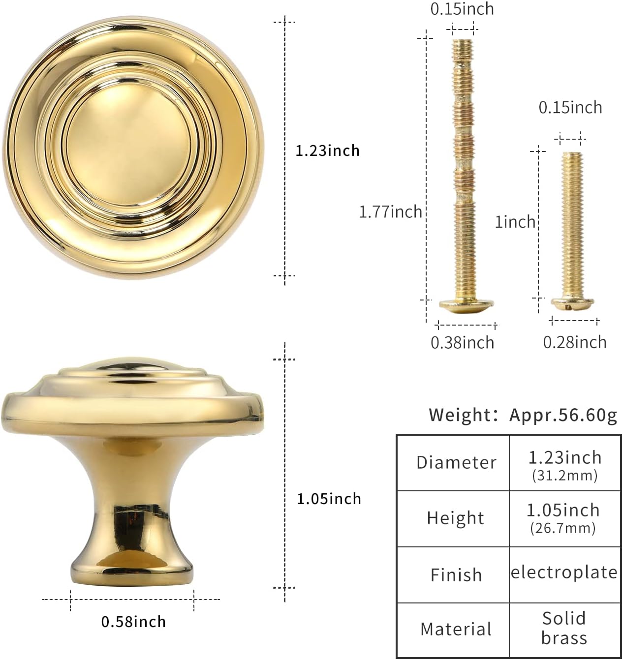 5 Pack Polished Brass Kitchen Cabinet Knobs, Round Gold Dresser Drawer Knobs, 1.23-Inch 31mm Diameter, Modern Furniture Pulls and Handles for Cupboard Wardrobe