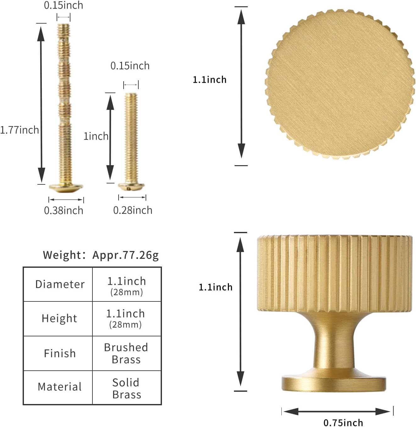 Solid Brass Kitchen Cabinet Knobs,Matt Gold Drawer Pulls, 1-1/10 Inch 28mm Diameter, Modern Furniture Handles for Cupboard Wardrobe