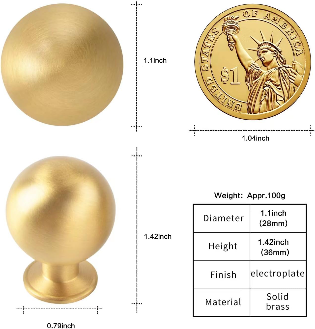 5 Pack Solid Brass Kitchen Cabinet Knobs, Brushed Gold Knobs for Dresser Drawer Cupboard Closet