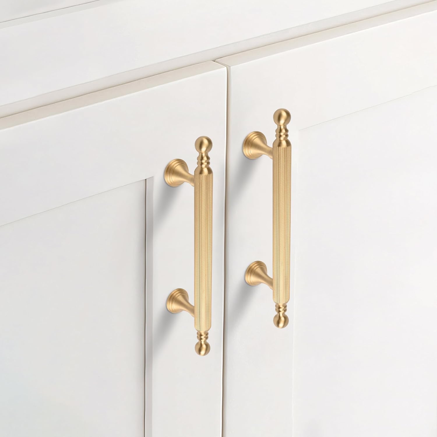 2 Pack Solid Brass Kitchen Cabinet Handles，3-3/4 Inch Gold Dresser Drawer Pulls, Modern Furniture Door Handles for Bathroom Cabinet, Wardrobe and Closet Door