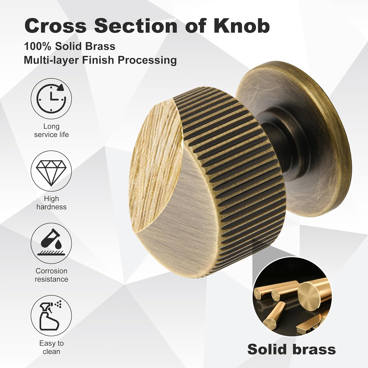 Solid Brass Dresser Drawer Knob 5 Pack, Modern Furniture Handles for Bathroom Bedroom Closet Wardrobe