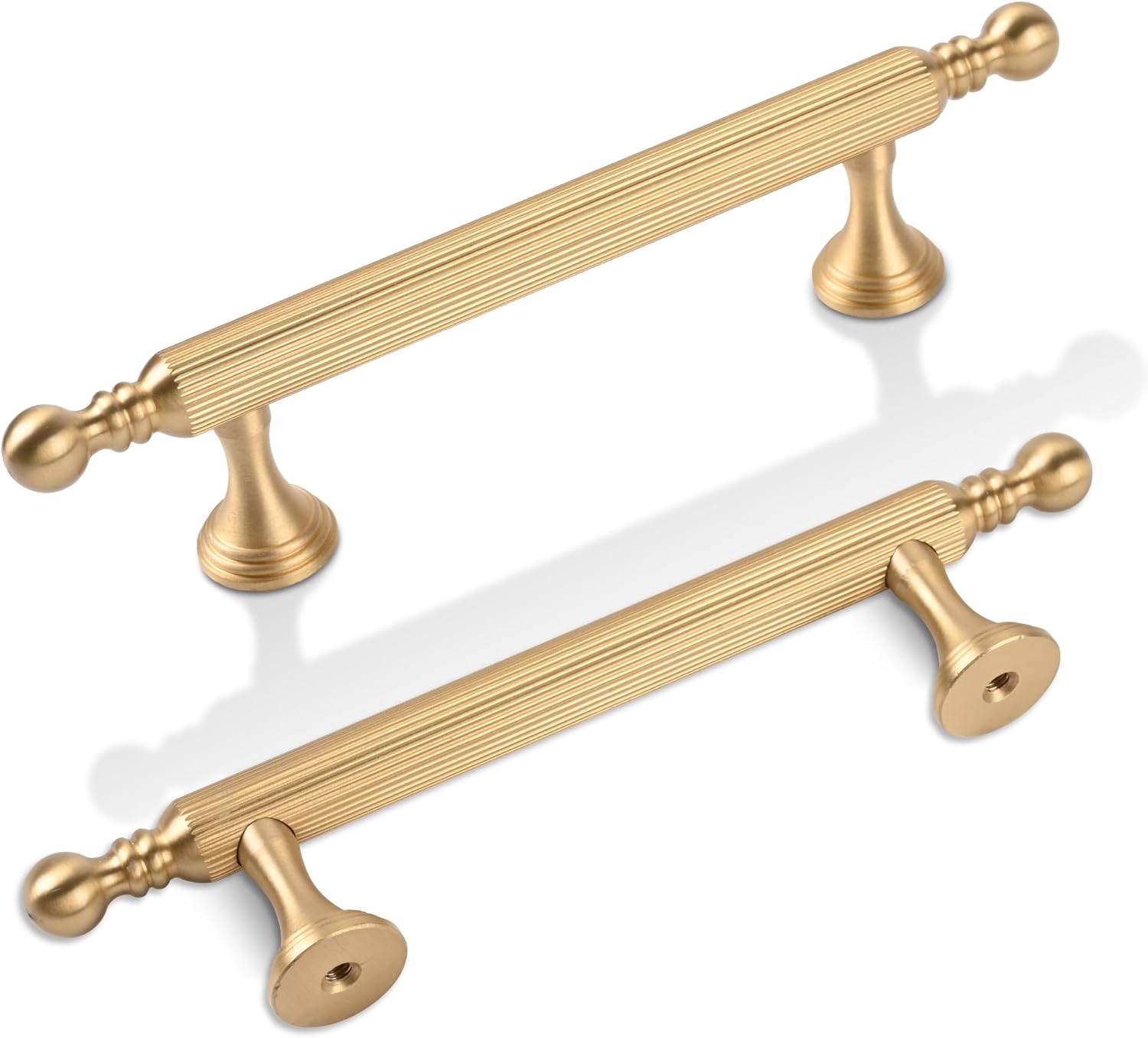 2 Pack Solid Brass Kitchen Cabinet Handles，3-3/4 Inch Gold Dresser Drawer Pulls, Modern Furniture Door Handles for Bathroom Cabinet, Wardrobe and Closet Door